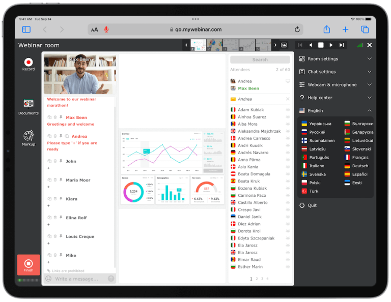 Webinar and instant meeting rooms support 18 languages
